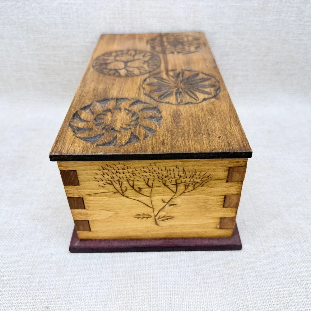 Handmade Wood Burned Floral Keepsake Box Botanical Pyrography Decorative Chest